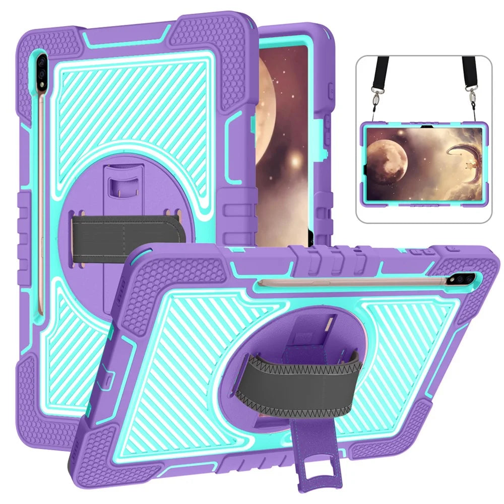 For Samsung Galaxy Tab S7 / S8 Crossbody Tablet Case Shoulder Strap Rotary Kickstand - Purple+Mint Green - 1
