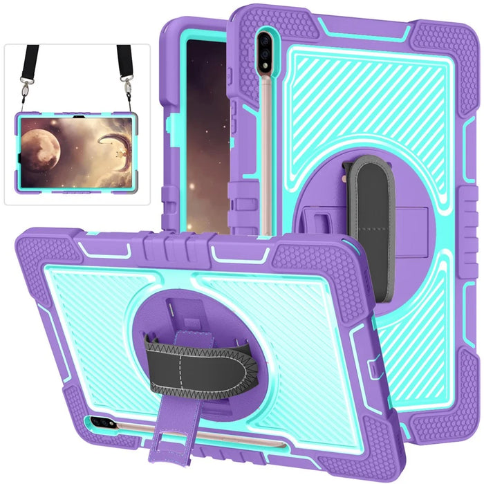 For Samsung Galaxy Tab S7 / S8 Crossbody Tablet Case Shoulder Strap Rotary Kickstand - Purple+Mint Green - 2