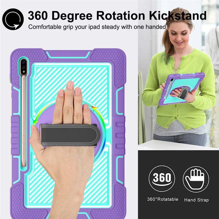 For Samsung Galaxy Tab S7 / S8 Crossbody Tablet Case Shoulder Strap Rotary Kickstand - Purple+Mint Green - 3