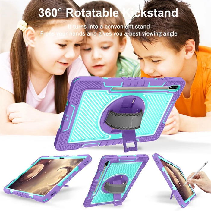 For Samsung Galaxy Tab S7 / S8 Crossbody Tablet Case Shoulder Strap Rotary Kickstand - Purple+Mint Green - 5
