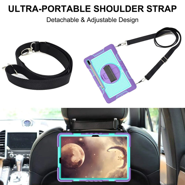 For Samsung Galaxy Tab S7 / S8 Crossbody Tablet Case Shoulder Strap Rotary Kickstand - Purple+Mint Green - 6