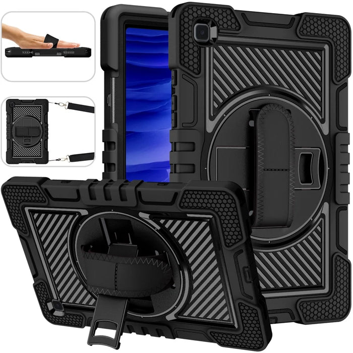 For Samsung Galaxy Tab A7 10.4 (2020) / (2022) Kickstand Case PC+Silicone Cover with Shoulder Strap - All Black - 1