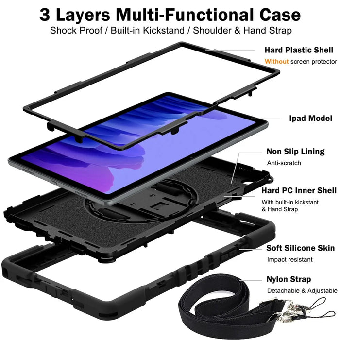 For Samsung Galaxy Tab A7 10.4 (2020) / (2022) Kickstand Case PC+Silicone Cover with Shoulder Strap - All Black - 6