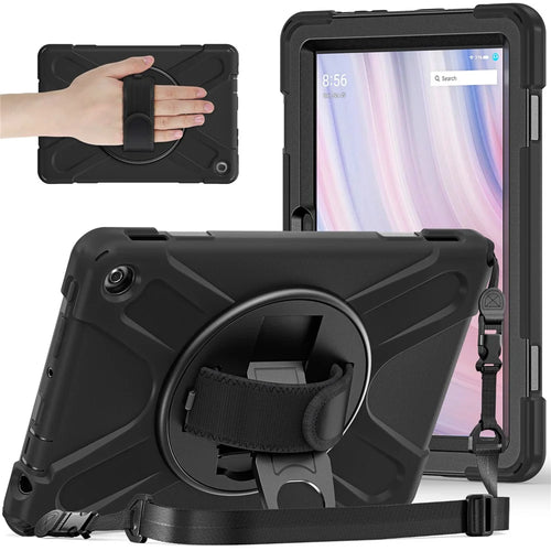 For Amazon Fire HD 10 (2023) Protective Cover Kickstand Tablet Case with Hand Strap / Shoulder Strap - Black - 1