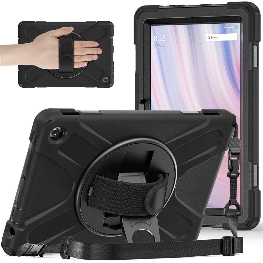 For Amazon Fire HD 10 (2023) Protective Cover Kickstand Tablet Case with Hand Strap / Shoulder Strap - Black - 1