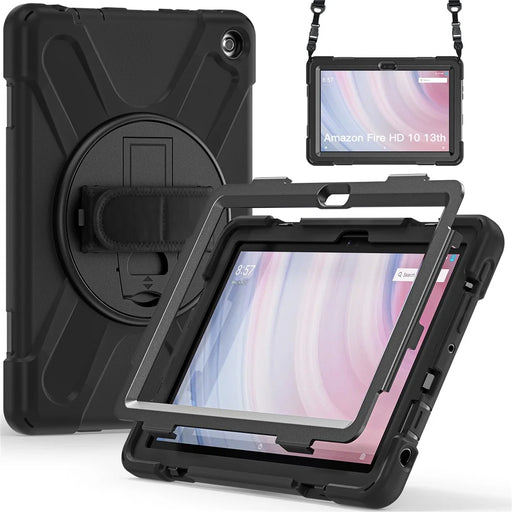 For Amazon Fire HD 10 (2023) Protective Cover Kickstand Tablet Case with Hand Strap / Shoulder Strap - Black - 2