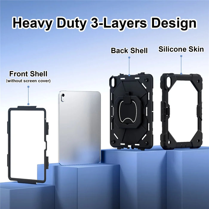 C3 for iPad (2025) / 10.9 (2022) Case Contrast Color Silicone+PC Kickstand Anti-Drop Tablet Cover - Black+Black - 3