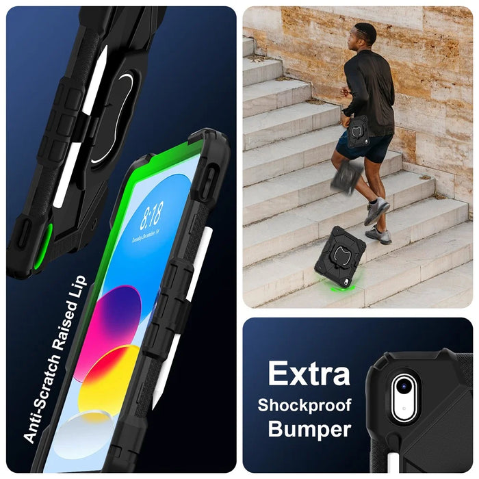 C3 for iPad (2025) / 10.9 (2022) Case Contrast Color Silicone+PC Kickstand Anti-Drop Tablet Cover - Black+Black - 4