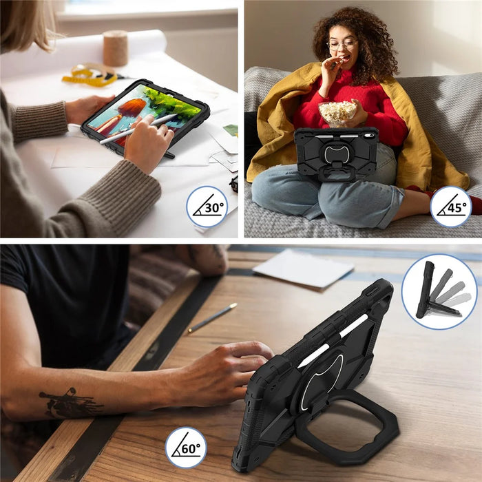 C3 for iPad (2025) / 10.9 (2022) Case Contrast Color Silicone+PC Kickstand Anti-Drop Tablet Cover - Black+Black - 6
