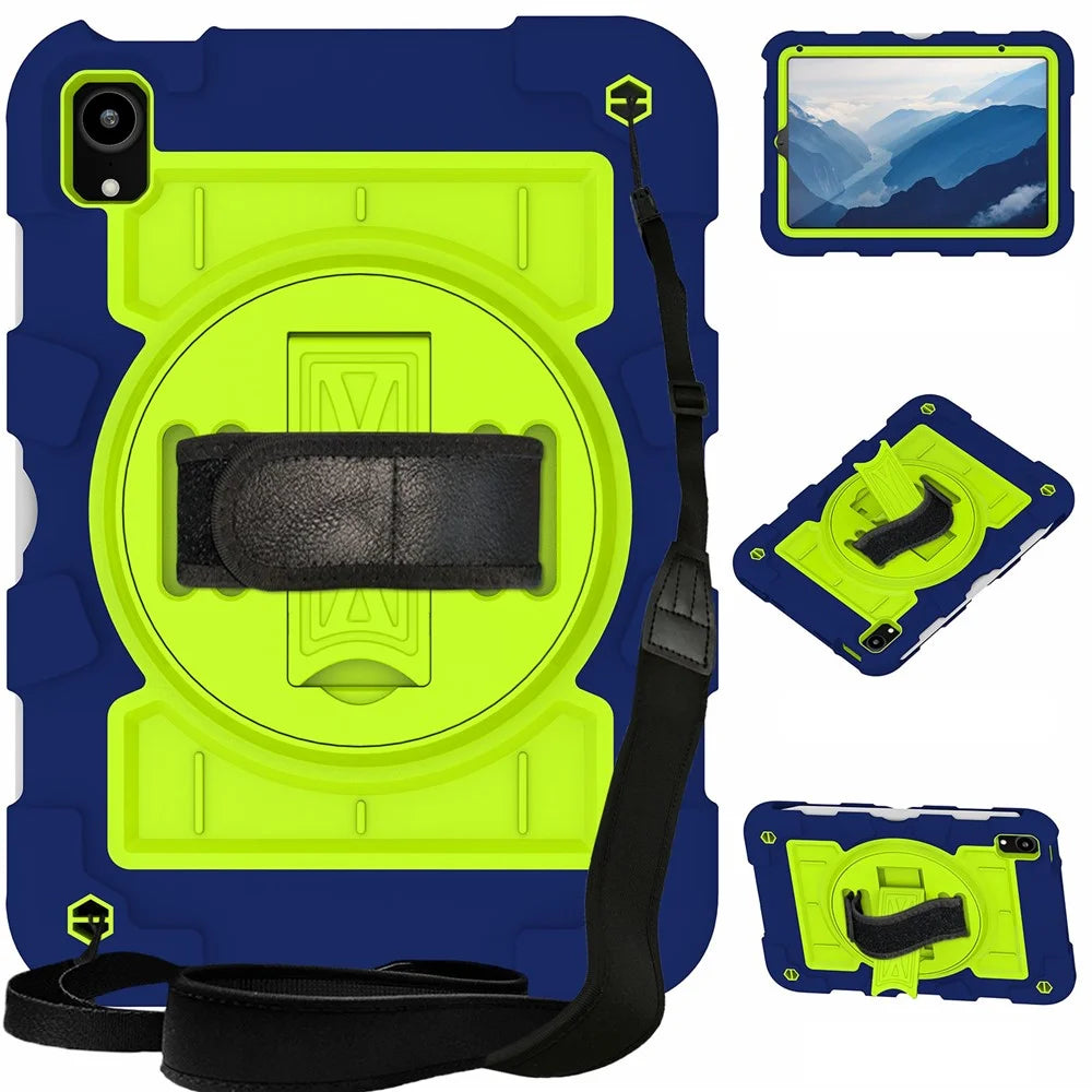 For iPad mini (2024) / mini (2021) Tablet Case Hand Strap Kickstand Cover with Shoulder Strap - Navy Blue+Green - 1