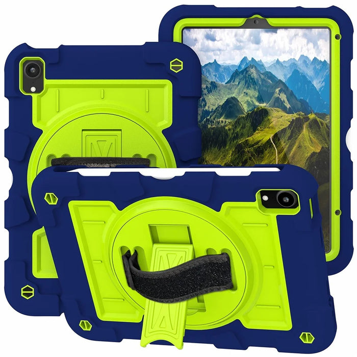 For iPad mini (2024) / mini (2021) Tablet Case Hand Strap Kickstand Cover with Shoulder Strap - Navy Blue+Green - 2