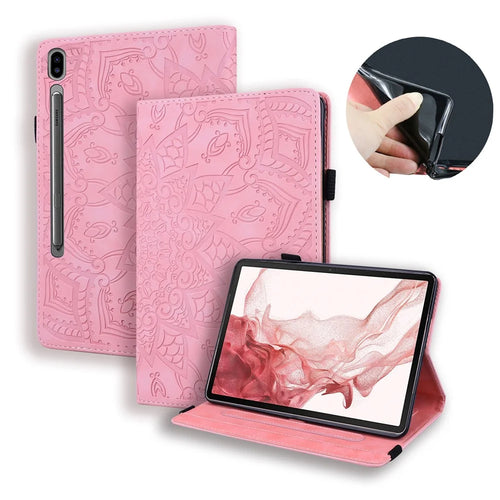 For Samsung Galaxy Tab S9 FE+ Tablet Case Card Slots Leather Cover Flower Pattern - Pink - 1