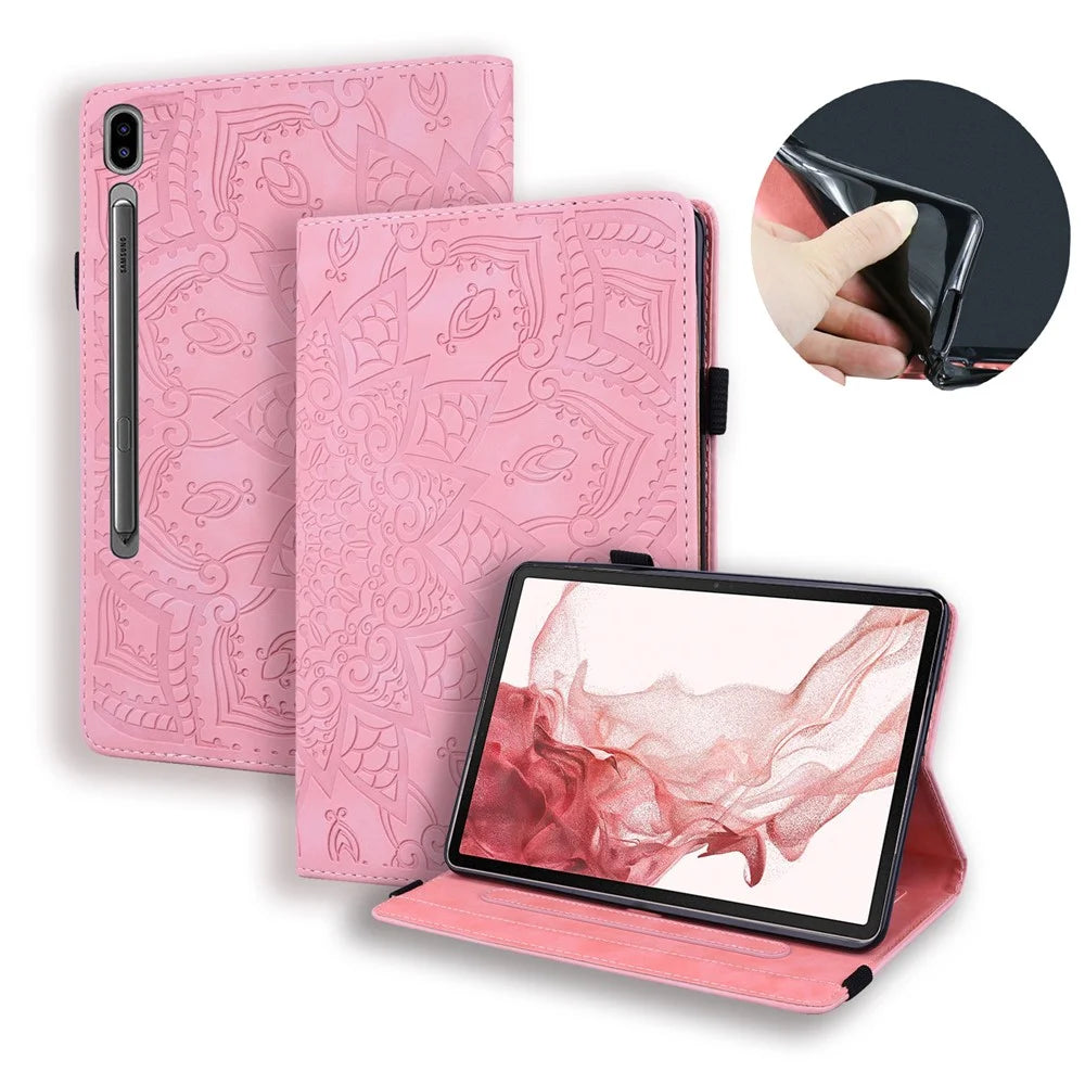 For Samsung Galaxy Tab S9 FE+ Tablet Case Card Slots Leather Cover Flower Pattern - Pink - 1