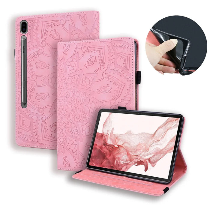 For Samsung Galaxy Tab S9 FE+ Tablet Case Card Slots Leather Cover Flower Pattern - Pink - 1