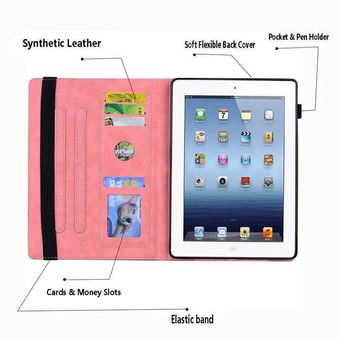 For Samsung Galaxy Tab S9 FE+ Tablet Case Card Slots Leather Cover Flower Pattern - Pink - 7