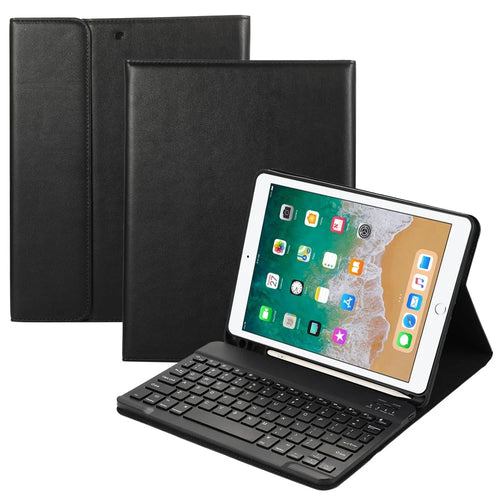 For iPad Air (2013)  /  Air 2  /  9.7-inch (2017)  /  (2018) Bluetooth-compatible Keyboard Leather Case Stand with Pen Slot - Black - 1