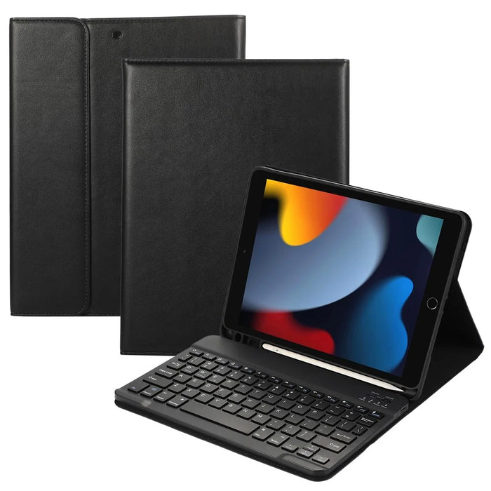 For iPad 10.2 (2021)  /  (2020)  /  (2019) Leather Bluetooth-compatible Keyboard Case Stand with Pen Holder - Black - 1