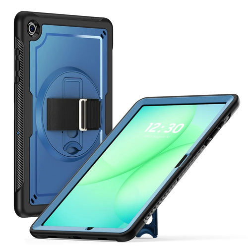 For Samsung Galaxy Tab A11+ / A9+ Kickstand Cover Hand Strap Design PC+TPU Tablet Case - Navy Blue - 1