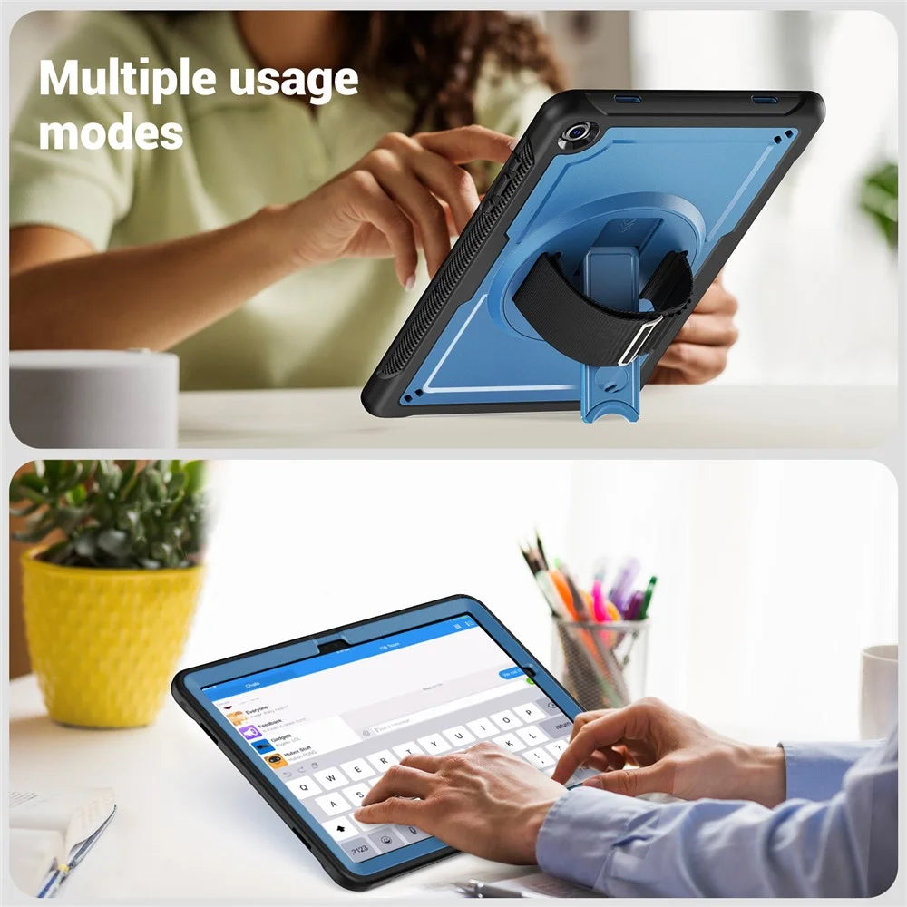 For Samsung Galaxy Tab A11+ / A9+ Kickstand Cover Hand Strap Design PC+TPU Tablet Case - Navy Blue - 6