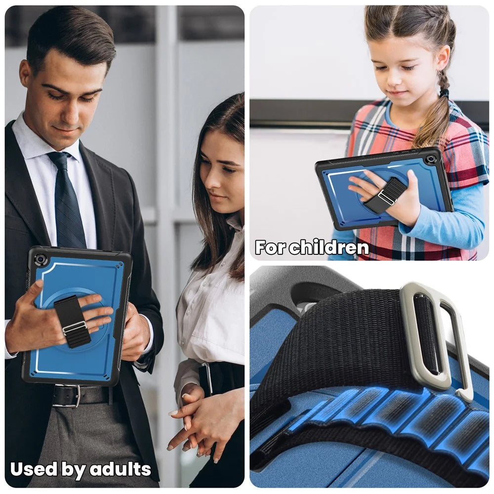 For Samsung Galaxy Tab A11+ / A9+ Kickstand Cover Hand Strap Design PC+TPU Tablet Case - Navy Blue - 7