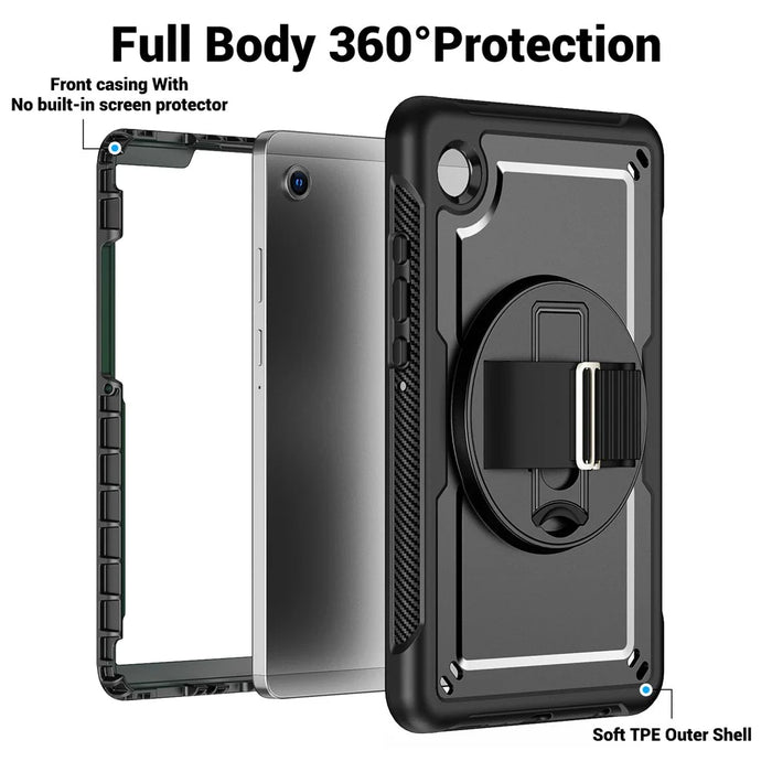 For Samsung Galaxy Tab A11 / A9 Protective Case Kickstand Hand Strap Tablet Cover - Black - 6