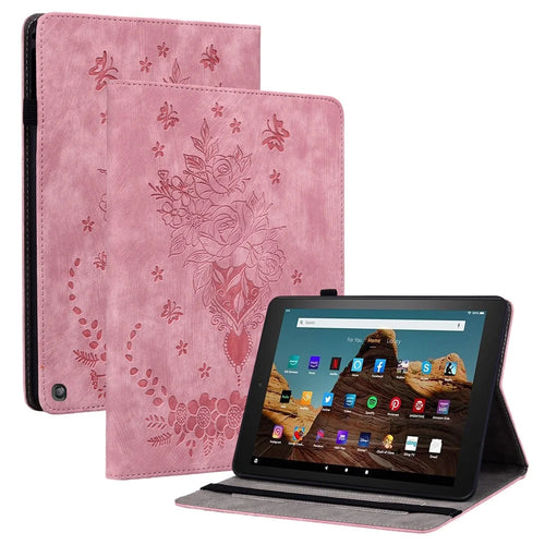 For Amazon Fire HD 10 (2023) Tablet Case Card Holder Butterfly Rose Imprinted PU Leather Cover - Pink - 1