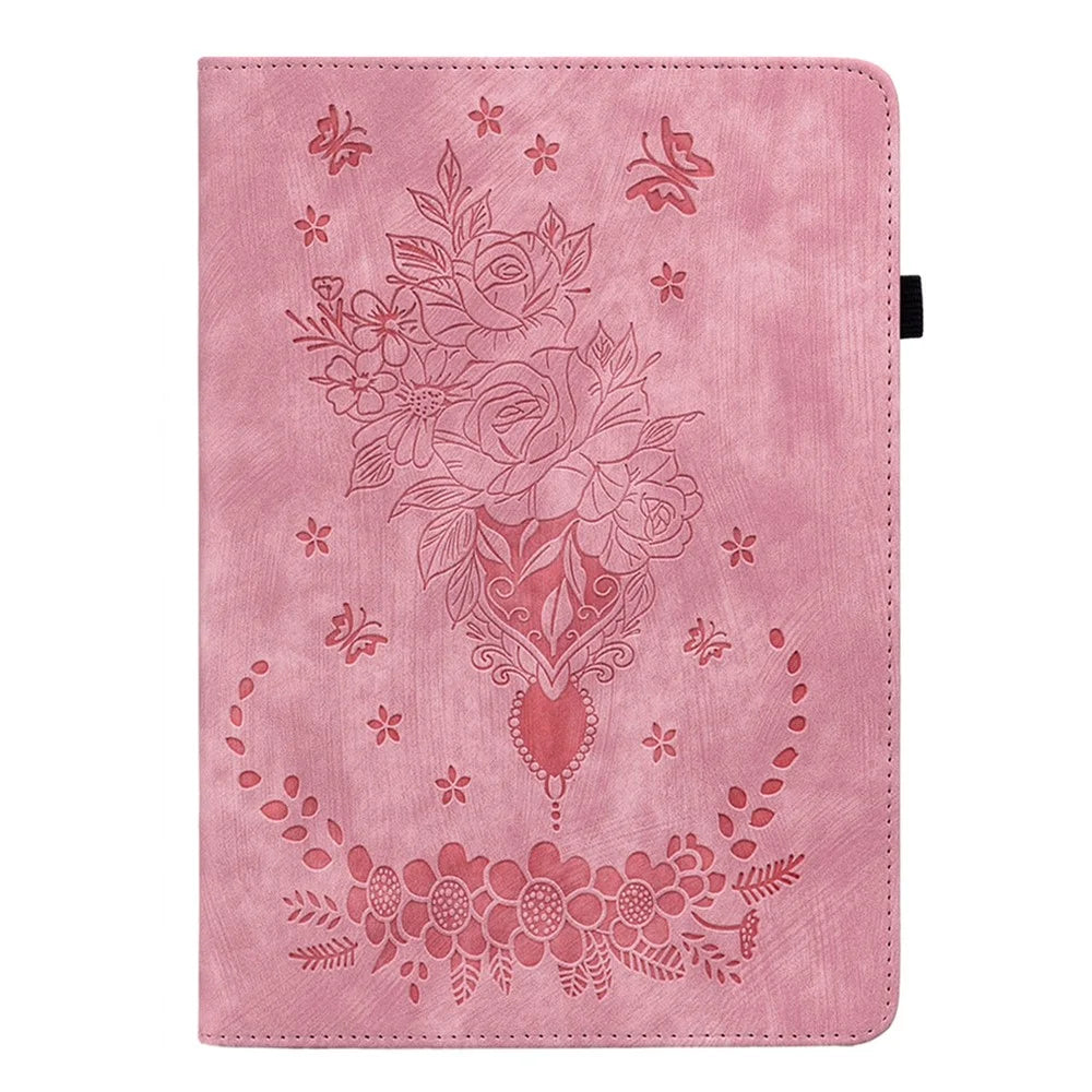 For Amazon Fire HD 10 (2023) Tablet Case Card Holder Butterfly Rose Imprinted PU Leather Cover - Pink - 7