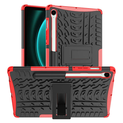 For Samsung Galaxy Tab S9 FE Kickstand Case TPU+PC Tablet Cover Tire Texture - Red - 1