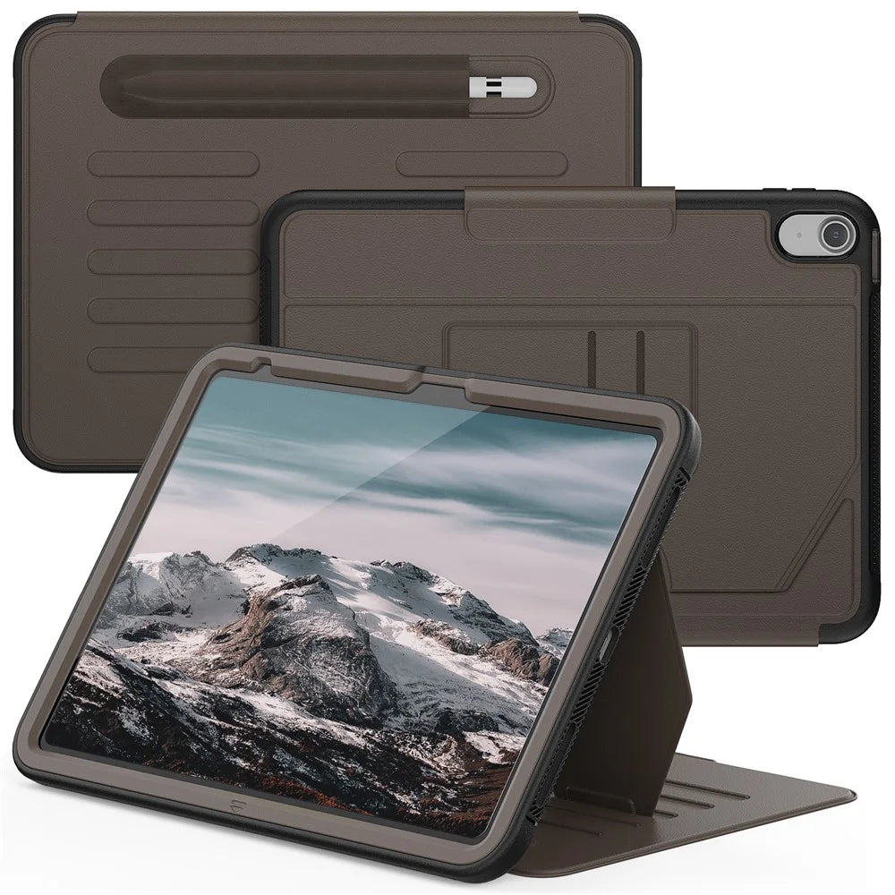 For iPad (2025) / 10.9 (2022) A2696 Case with Card Holder, 5-Level Adjustable Stand Pen Slot Tablet Flip Cover - Brown - 2