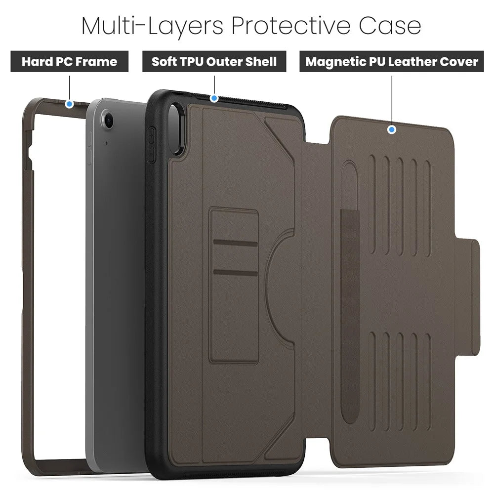 For iPad (2025) / 10.9 (2022) A2696 Case with Card Holder, 5-Level Adjustable Stand Pen Slot Tablet Flip Cover - Brown - 4