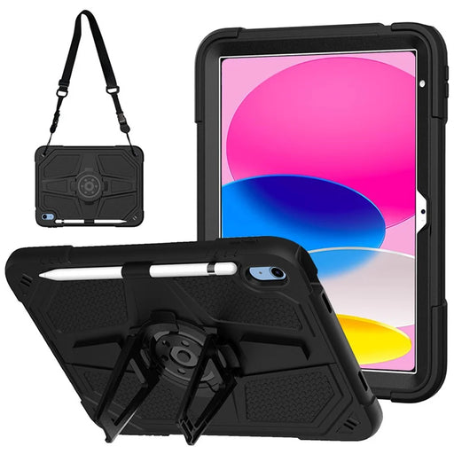 For iPad (2025) / 10.9 (2022) Kickstand Case PC+Silicone Anti-Drop Tablet Cover with Shoulder Strap - Black - 1