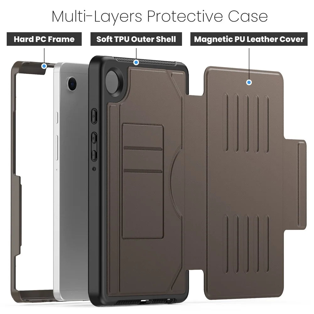 For Samsung Galaxy Tab A11 / A9 Case 5-Level Adjustable Stand Tablet Cover with Card Holder and Pen Slot - Brown - 6