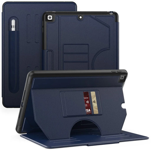 For iPad 10.2 (2021) / 10.2 (2019) / 10.2 (2020) Case Shockproof Card Holder Flip Tablet Cover with Pen Slot - Navy Blue - 2