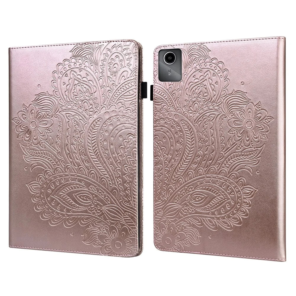 For Lenovo Tab M11 / Xiaoxin Pad 11 2024 Case Flower Pattern PU Leather Stand Tablet Cover - Rose Gold - 1
