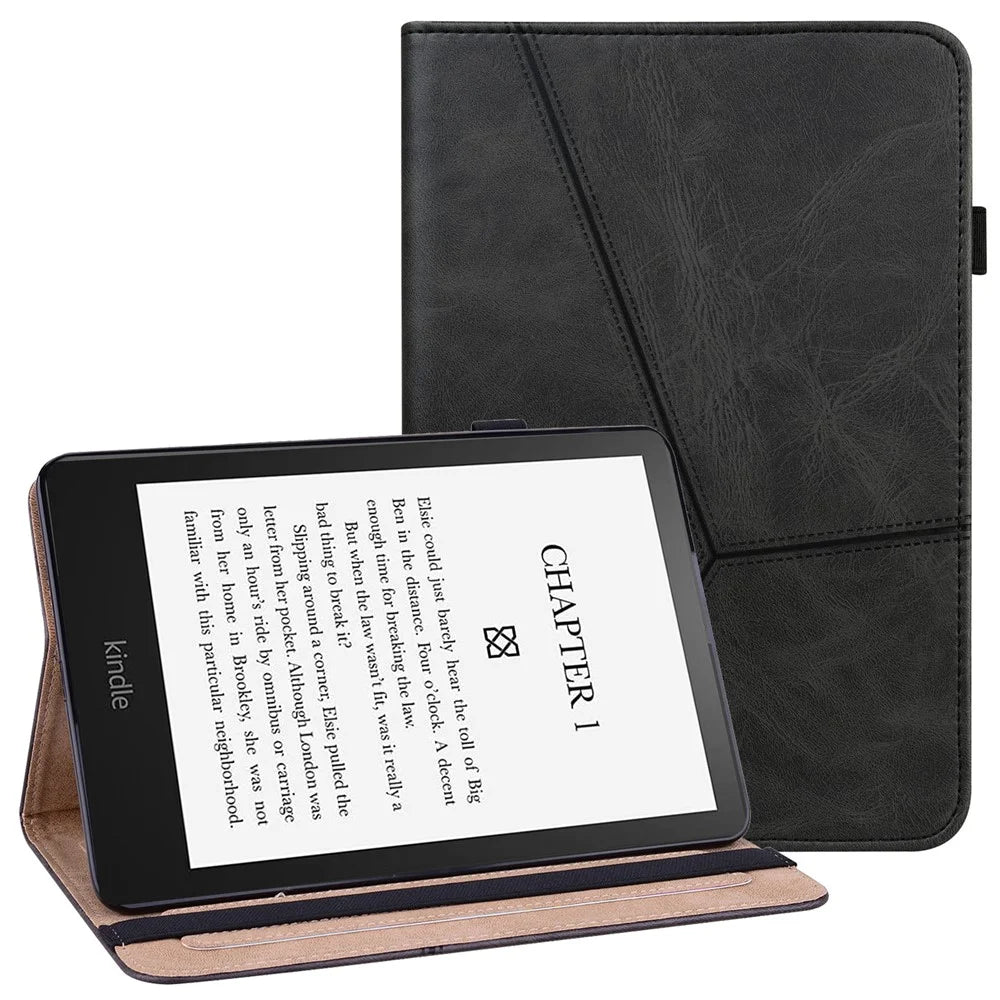For Amazon Kindle Paperwhite (2024) / Kindle Colorsoft Case PU Leather Line Imprinted Cover with Elastic Band - Black - 1