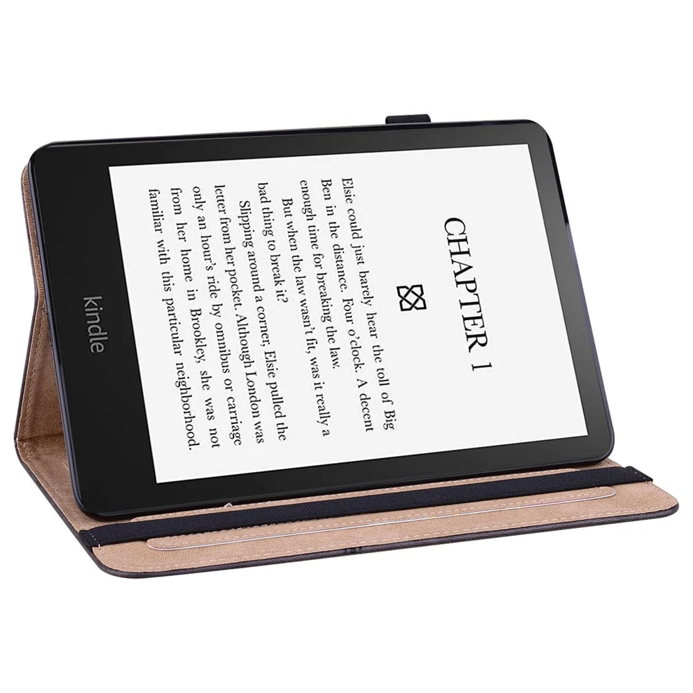 For Amazon Kindle Paperwhite (2024) / Kindle Colorsoft Case PU Leather Line Imprinted Cover with Elastic Band - Black - 2