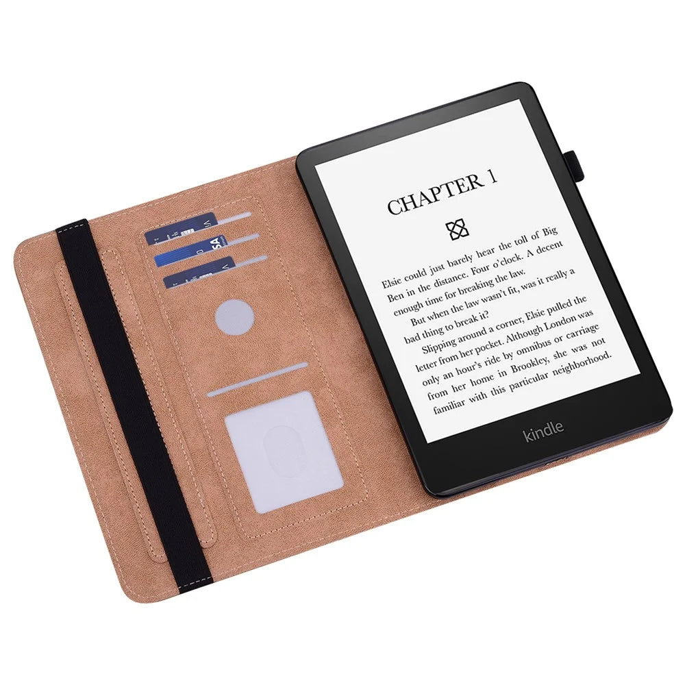 For Amazon Kindle Paperwhite (2024) / Kindle Colorsoft Case PU Leather Line Imprinted Cover with Elastic Band - Black - 3