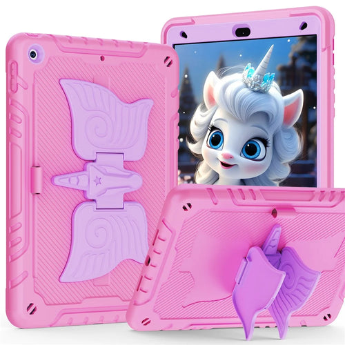 For iPad 10.2 (2021) / 10.2 (2019) / 10.2 (2020) Case Silicone+PC Drop-resistant Tablet Cover with Unicorn Kickstand - Pink+Purple - 1