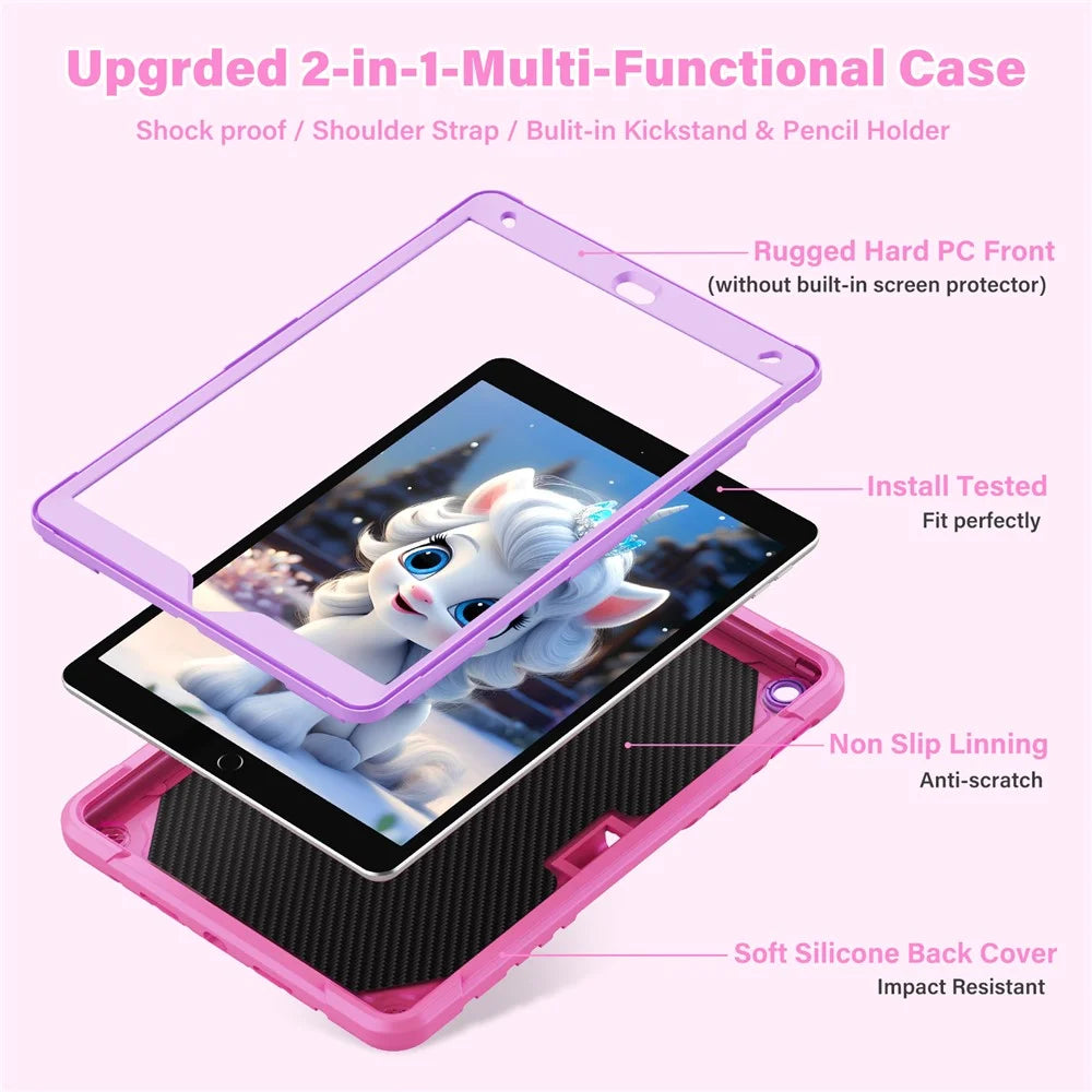 For iPad 10.2 (2021) / 10.2 (2019) / 10.2 (2020) Case Silicone+PC Drop-resistant Tablet Cover with Unicorn Kickstand - Pink+Purple - 2