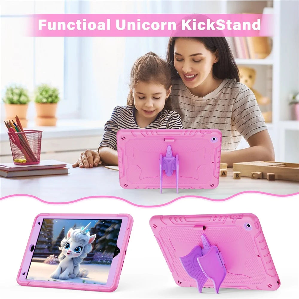 For iPad 10.2 (2021) / 10.2 (2019) / 10.2 (2020) Case Silicone+PC Drop-resistant Tablet Cover with Unicorn Kickstand - Pink+Purple - 4