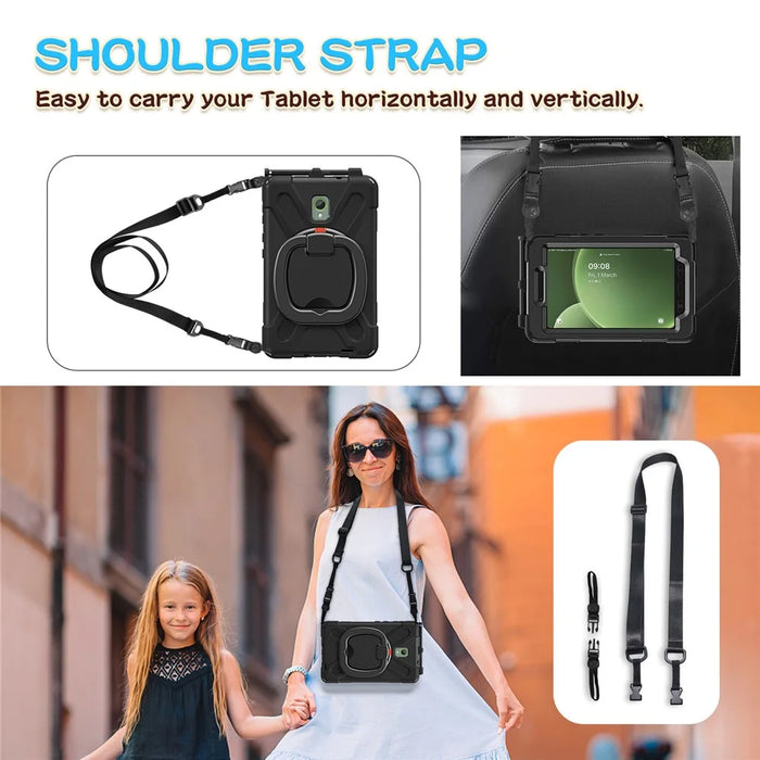 For Samsung Galaxy Tab Active5 SM-X300 Case Kickstand Rugged Tablet Cover with Shoulder Strap - Black - 6