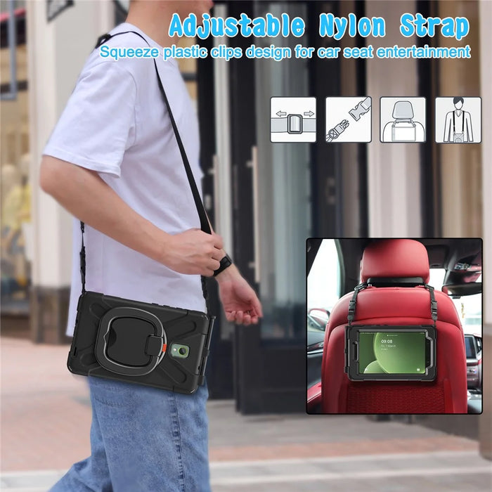 For Samsung Galaxy Tab Active5 SM-X300 Case Kickstand Rugged Tablet Cover with Shoulder Strap - Black - 7