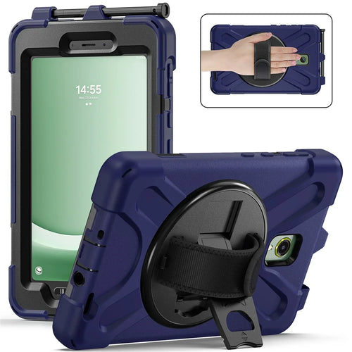 For Samsung Galaxy Tab Active 3 T570 / Tab Active5 X306B Case Rotary Kickstand PC+Silicone Hand Strap Tablet Cover - Navy Blue - 1