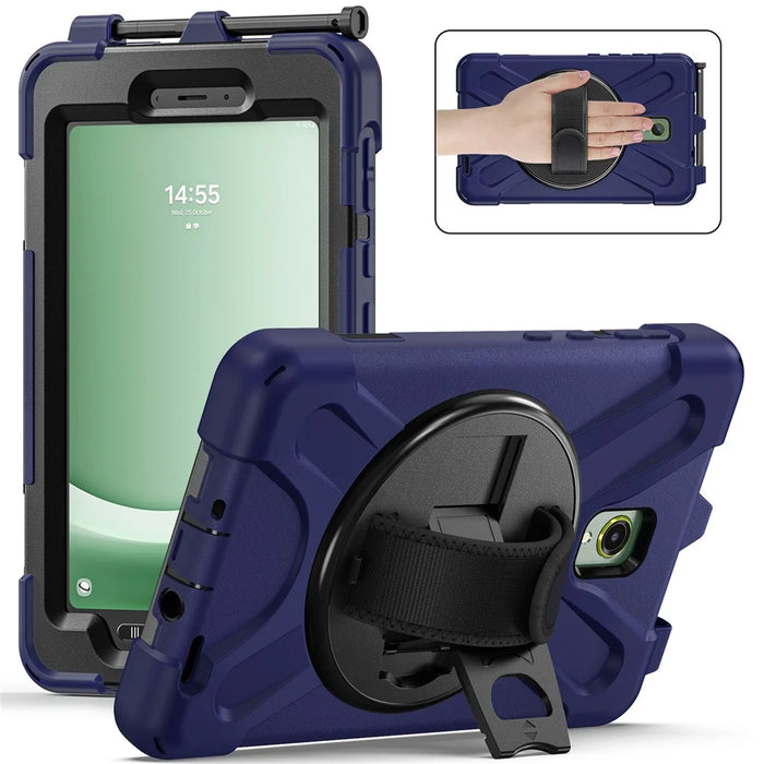 For Samsung Galaxy Tab Active 3 T570 / Tab Active5 X306B Case Rotary Kickstand PC+Silicone Hand Strap Tablet Cover - Navy Blue - 1
