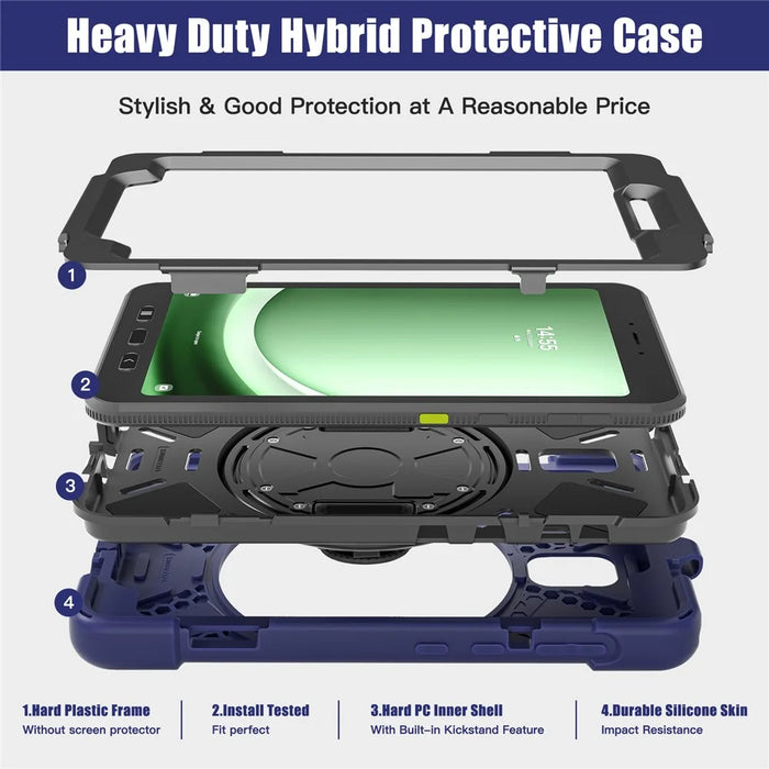 For Samsung Galaxy Tab Active 3 T570 / Tab Active5 X306B Case Rotary Kickstand PC+Silicone Hand Strap Tablet Cover - Navy Blue - 7