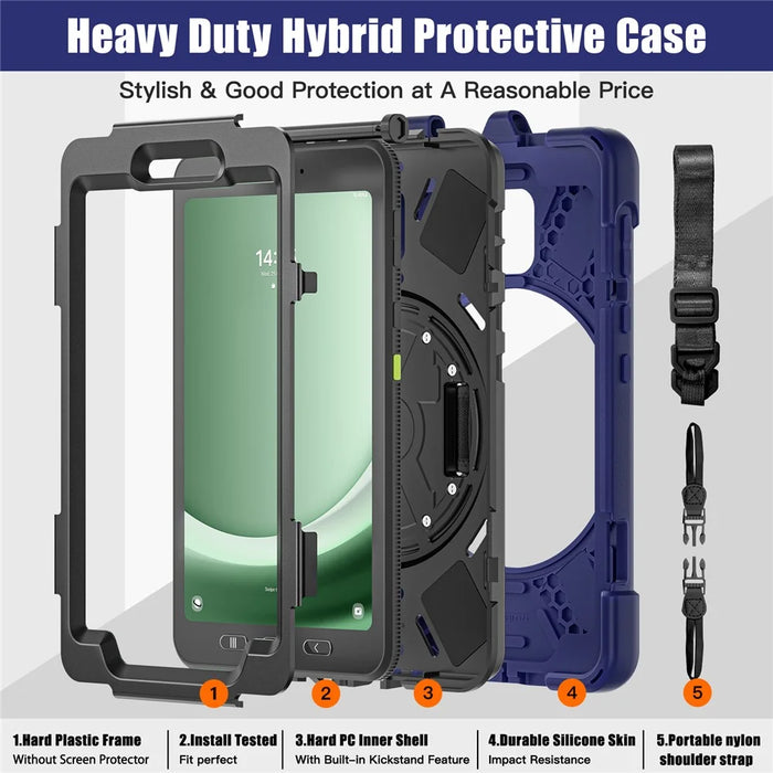 For Samsung Galaxy Tab Active 3 T570 / Tab Active5 X306B Case PC+Silicone Protective Cover with Shoulder Strap - Navy Blue - 6