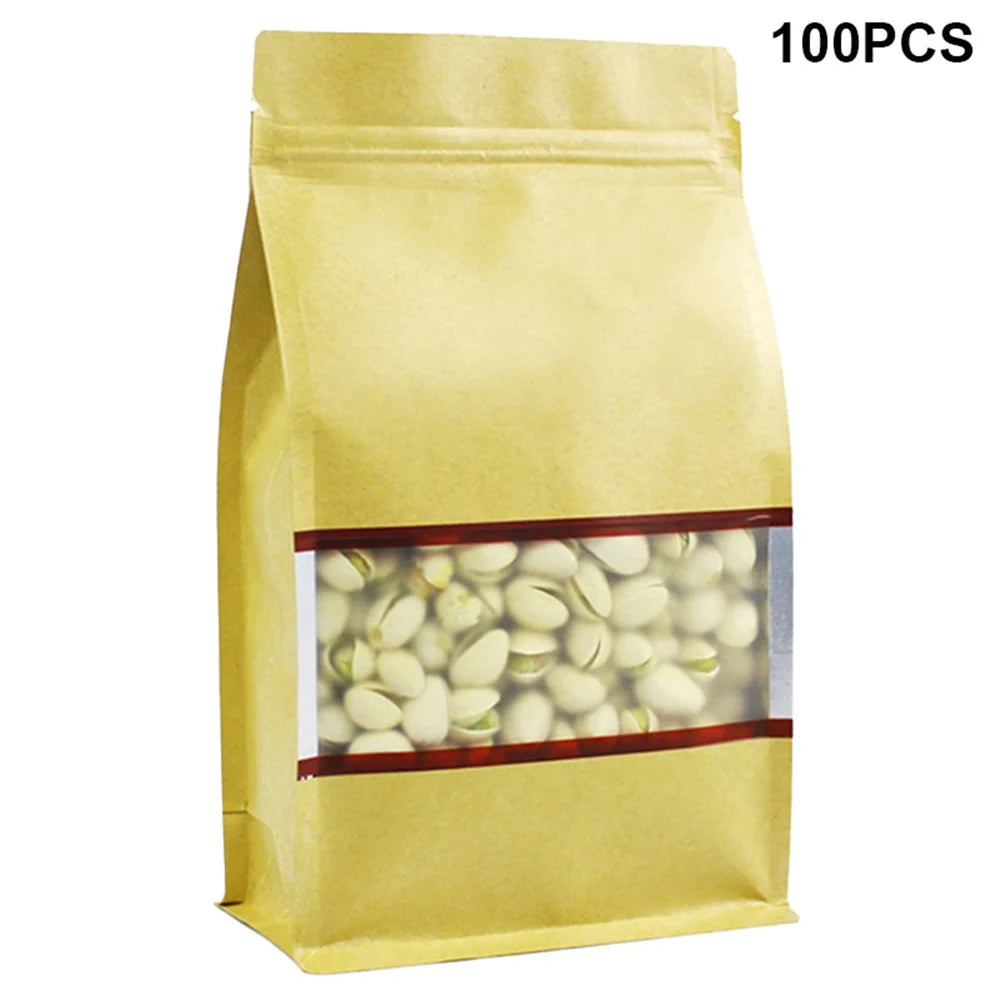 MX-004 100PCS Resealable Kraft Paper Bag 14x24cm Food Packaging Bags with Window - 1