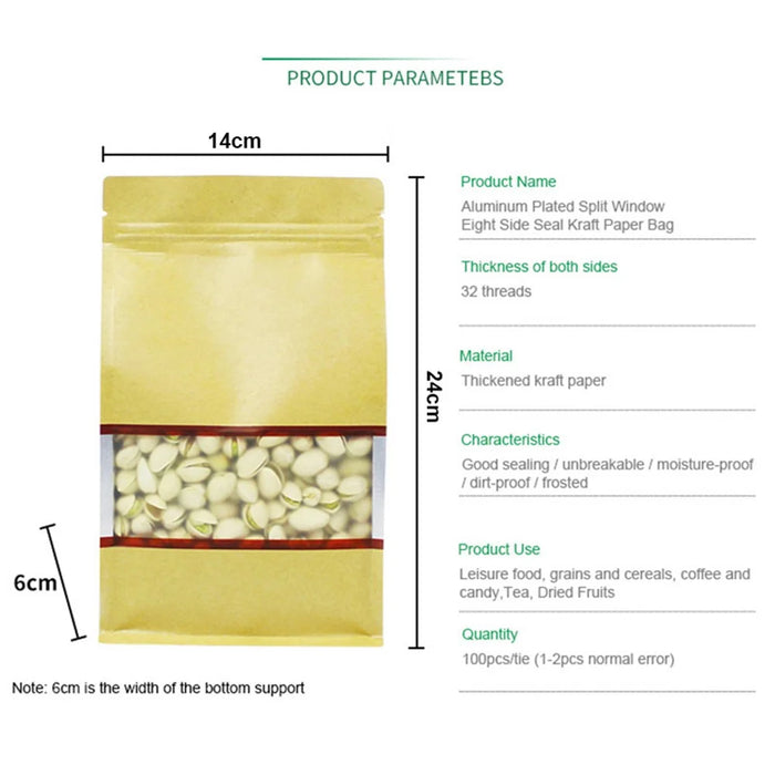MX-004 100PCS Resealable Kraft Paper Bag 14x24cm Food Packaging Bags with Window - 6