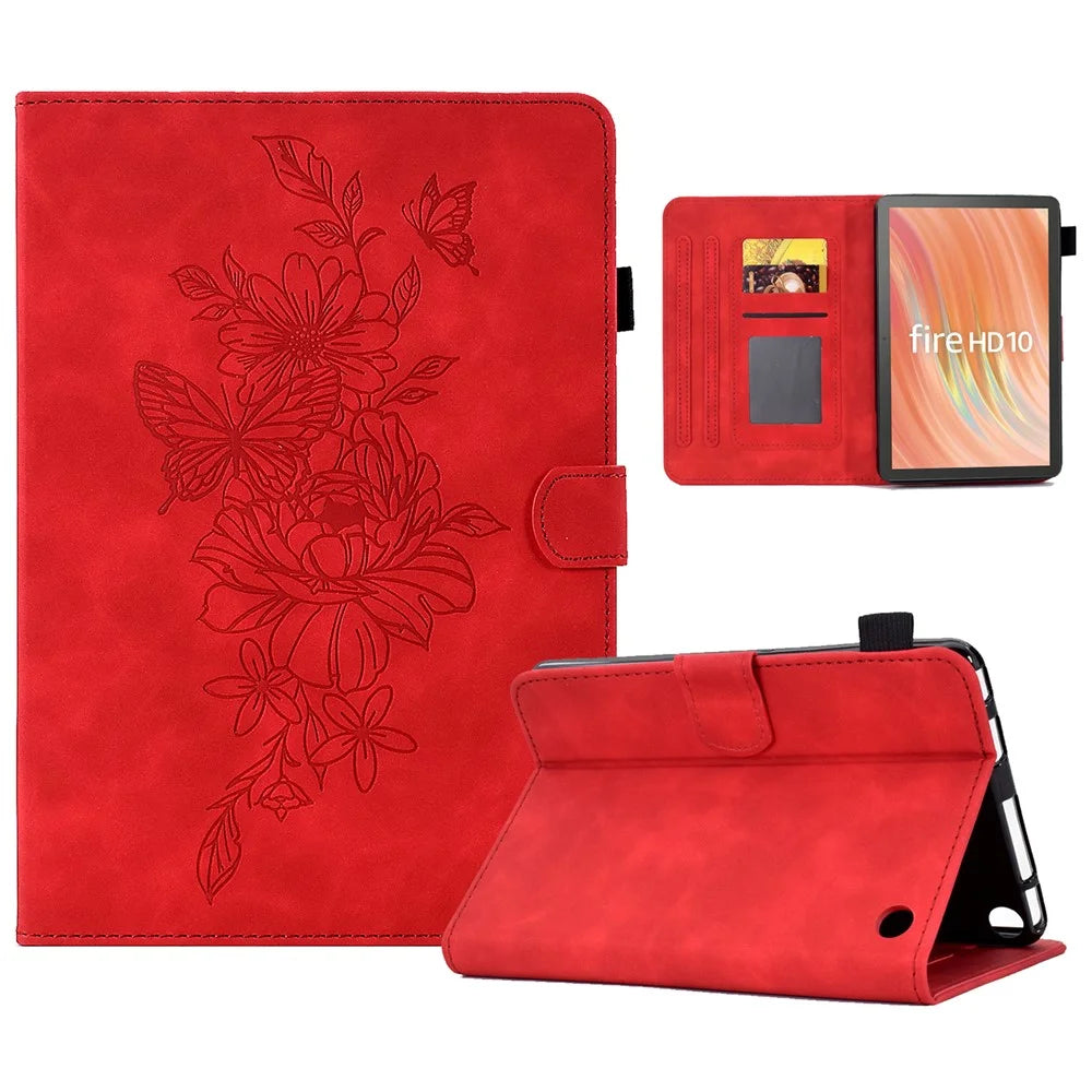 A7 For Amazon Fire HD 10 (2023) Tablet Case Flower Butterfly Imprinted Leather Cover with Card Slots - Red - 1