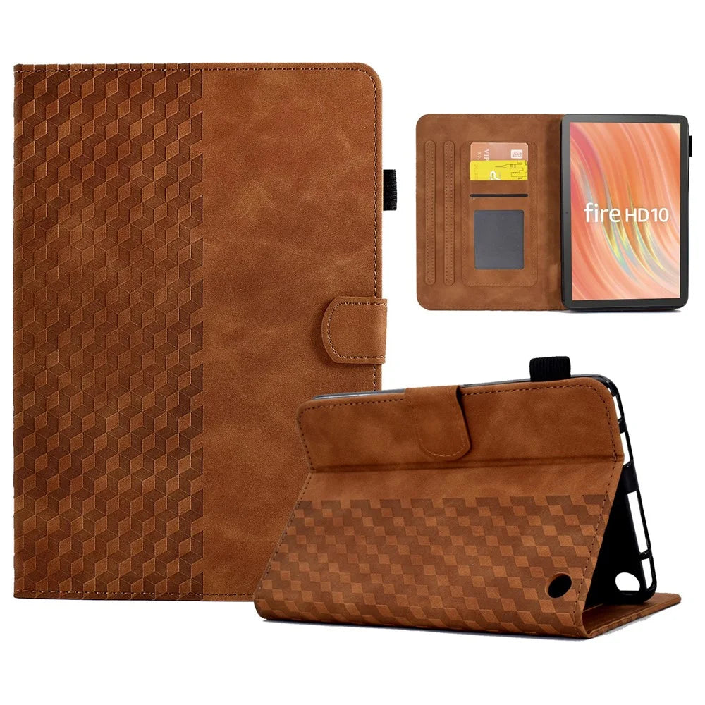 A6 For Amazon Fire HD 10 (2023) Leather Case Block Pattern Imprinted Card Slots Tablet Cover - Brown - 1